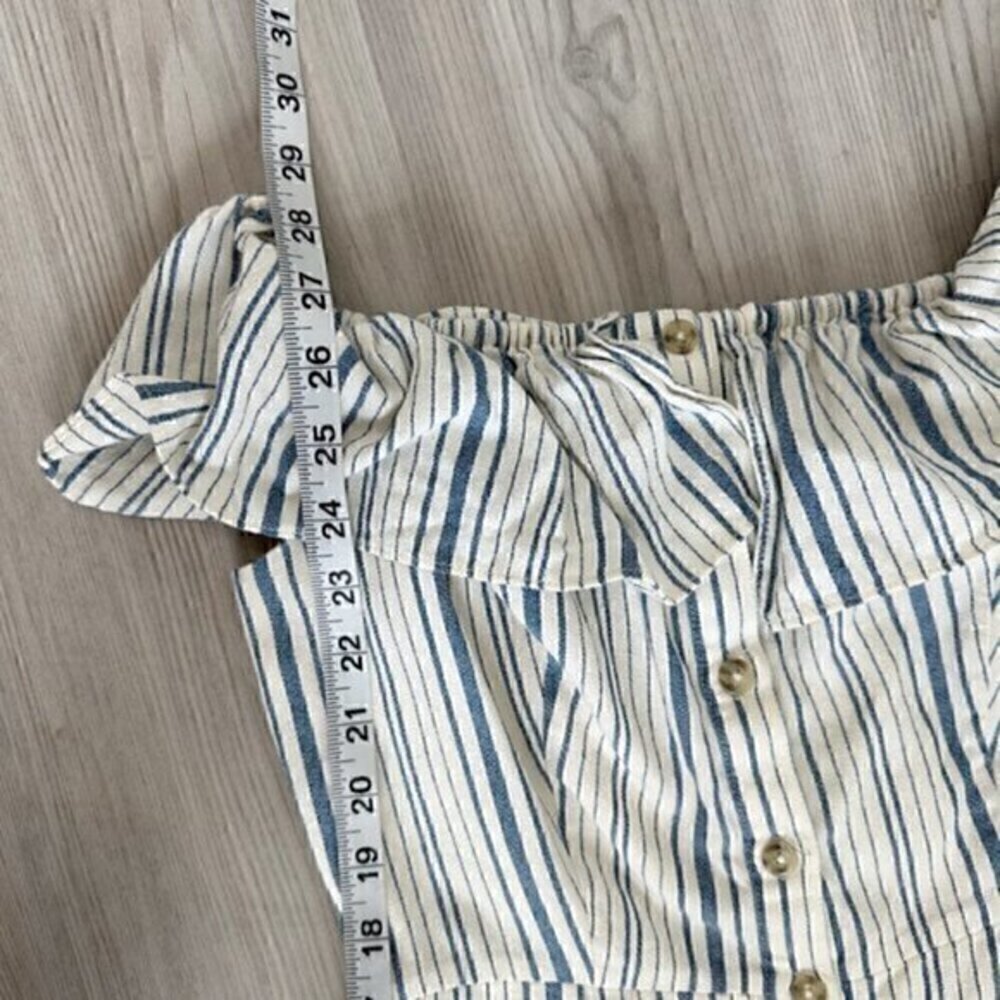 Wayf Off The Shoulder Striped Ruffle Button Up Dress Blue Cream Size Medium - Picture 11 of 12